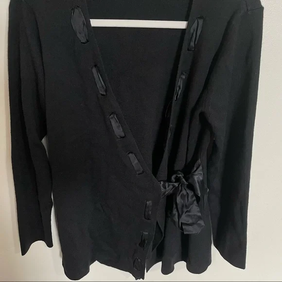 Adrianna Papell Navy/ Black ribbon tie wrap wool blend sweater L - Picture 4 of 6